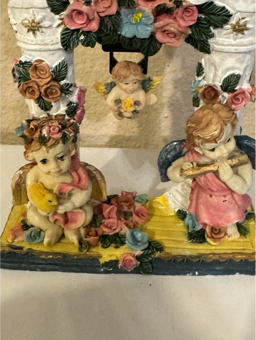 Vintage Cherub Angel Pendulum Clock Roses Floral Resin 9” Mantel AS IS Repair